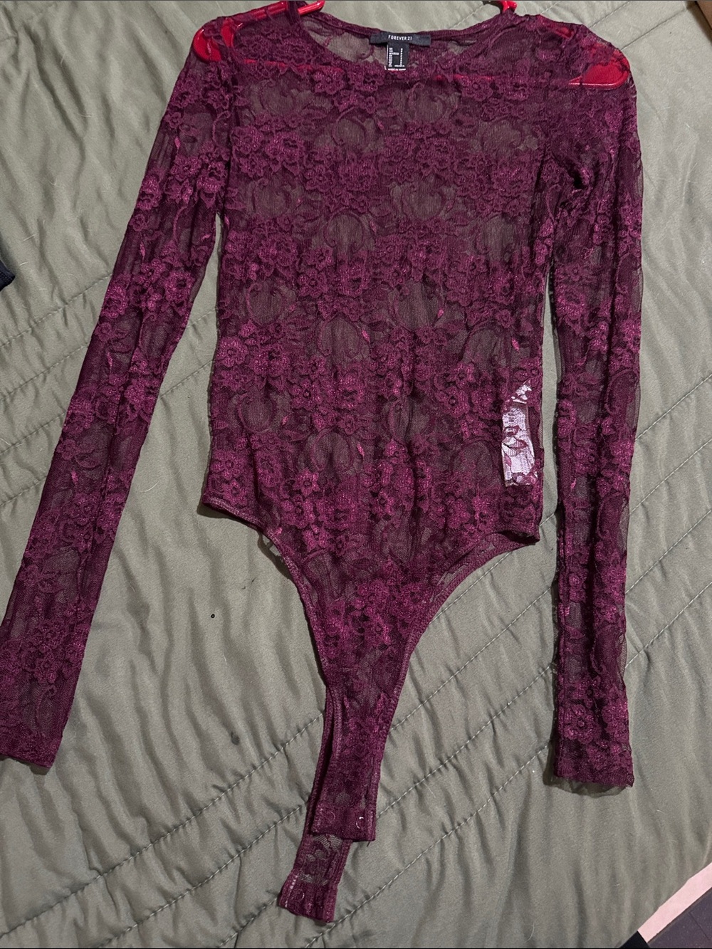 Forever 21 Burgundy Floral Lace Long-Sleeve Bodysuit